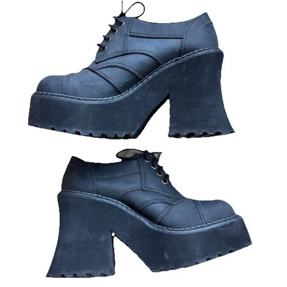 90S Deadstock Leather Platform Oxford Shoes SZ 8 BatWing Chunky Whimsigoth Y2K - Picture 5 of 9